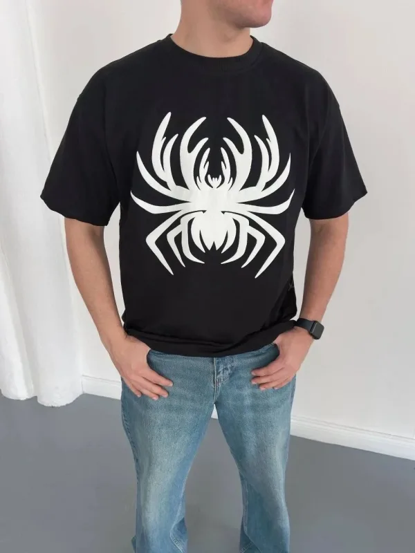 Męski Czarny Oversize Pająk Nadruk Koszulka 3