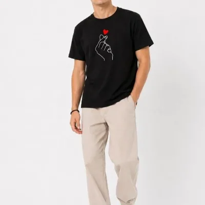 Murš Črno Oversize Korejski Stil Prst Srce Print Majica 2