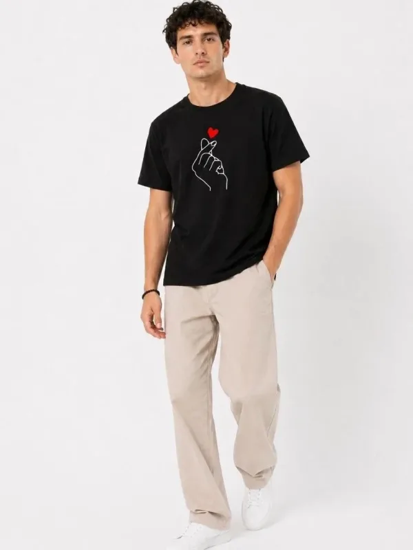 Murš Črno Oversize Korejski Stil Prst Srce Print Majica 2