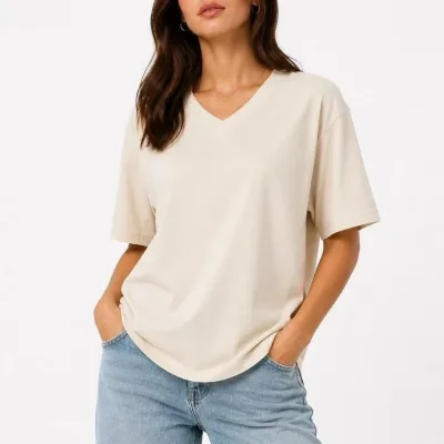 Femeie Bej Regular Decolteu V Mânecă Scurtă Tricou Basic 1
