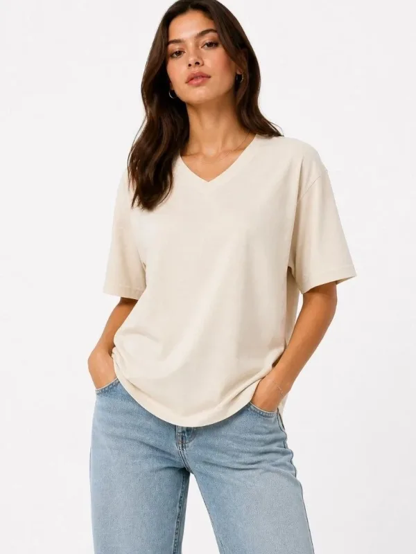 Femeie Bej Regular Decolteu V Mânecă Scurtă Tricou Basic 1