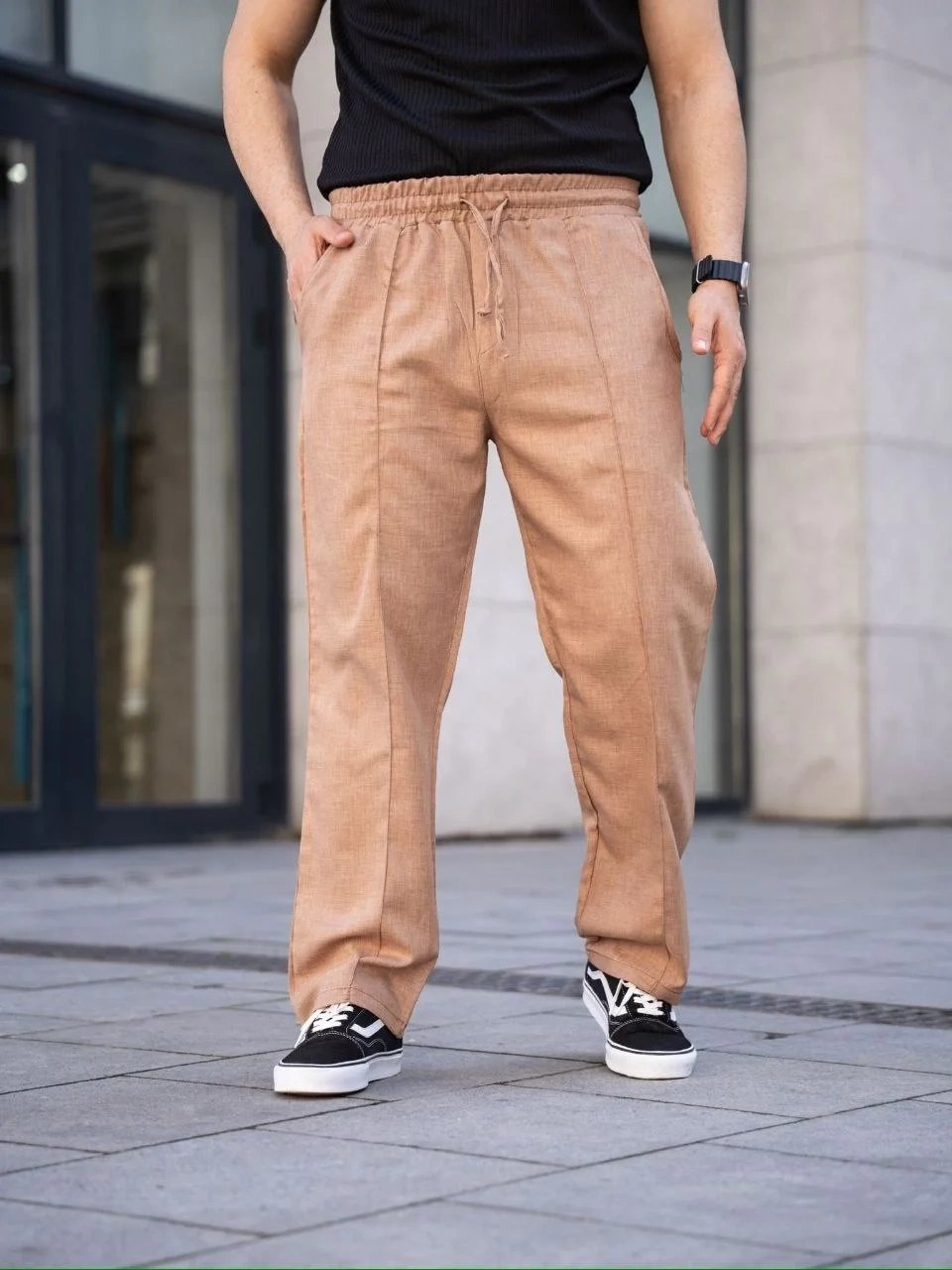 Kişi Qəhvəyi Kətan Cibli Çıma Tikişli Jogger Şalvar 6