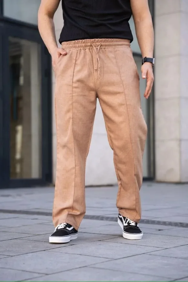 Muške smeđe lanene jogger pantalone sa džepovima i šavovima 6