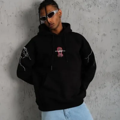 Bărbați Negru Oversize 3 Fire Bumbac Glugă Imprimat Buzunar Sweatshirt 5