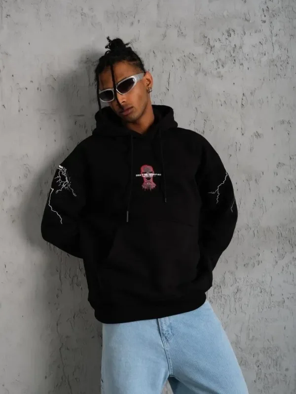 Bărbați Negru Oversize 3 Fire Bumbac Glugă Imprimat Buzunar Sweatshirt 5