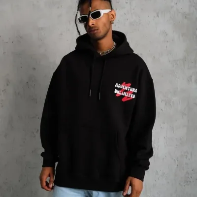 Pánské černé oversized 3-nitní bavlněné kapucové potištěné mikiny 2