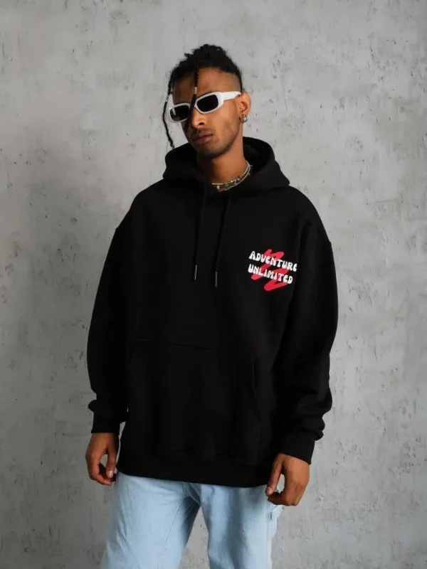 Pánské černé oversized 3-nitní bavlněné kapucové potištěné mikiny 2