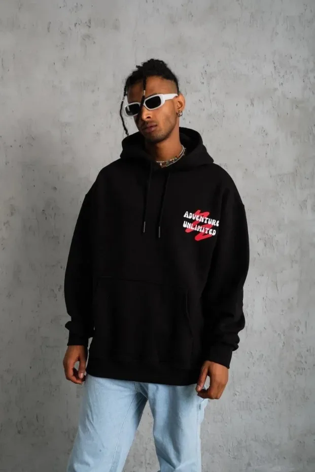 Erkek Siyah Oversize 3 İplik Pamuklu Kapüşonlu Baskılı Sweatshirt 2