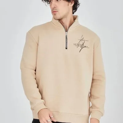 Men's Beige Half-Zip 3-Thread Cotton Printed Sweatshirt 3