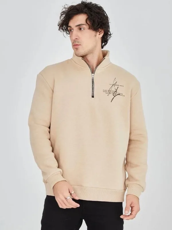 Men's Beige Half-Zip 3-Thread Cotton Printed Sweatshirt 3