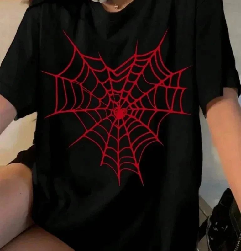 Women's Black Oversize Bicycle Neck Spider Web Printed T-Shirt
