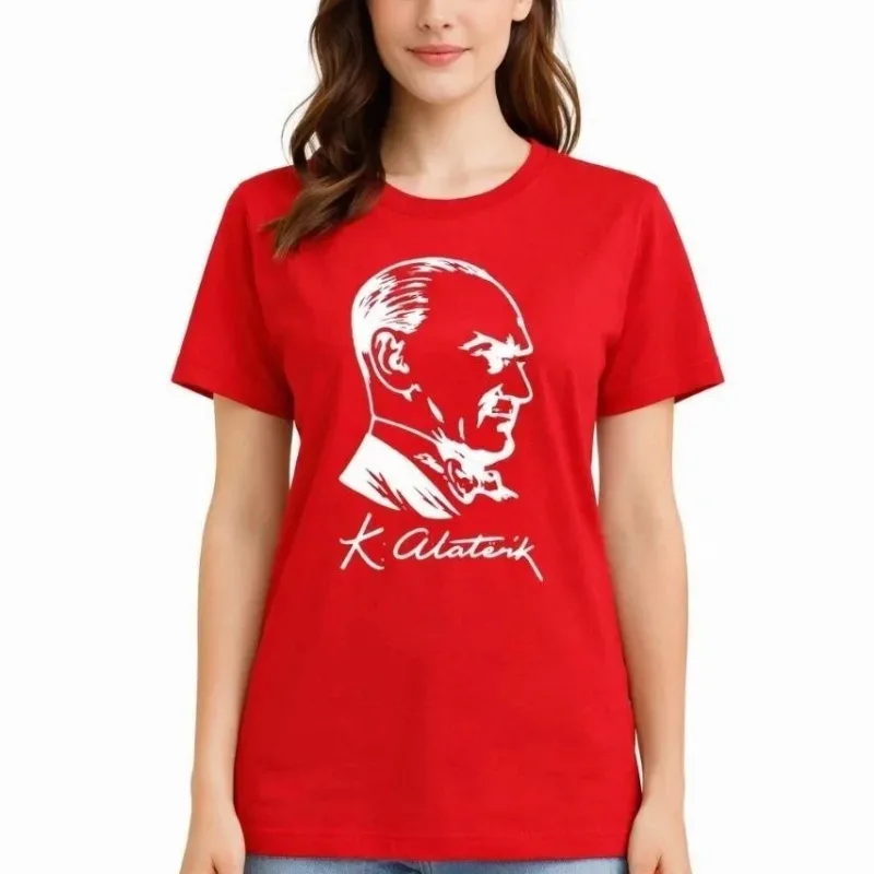 Női piros kerékpárnyakú Atatürk nyomott póló