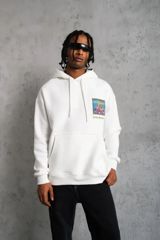 Bărbat Alb Oversize 3 Fire Bumbac Glugă Imprimat Sweatshirt 2