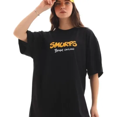 Femeie Tricou Negru Oversize Gât Bicicletă Imprimat 6