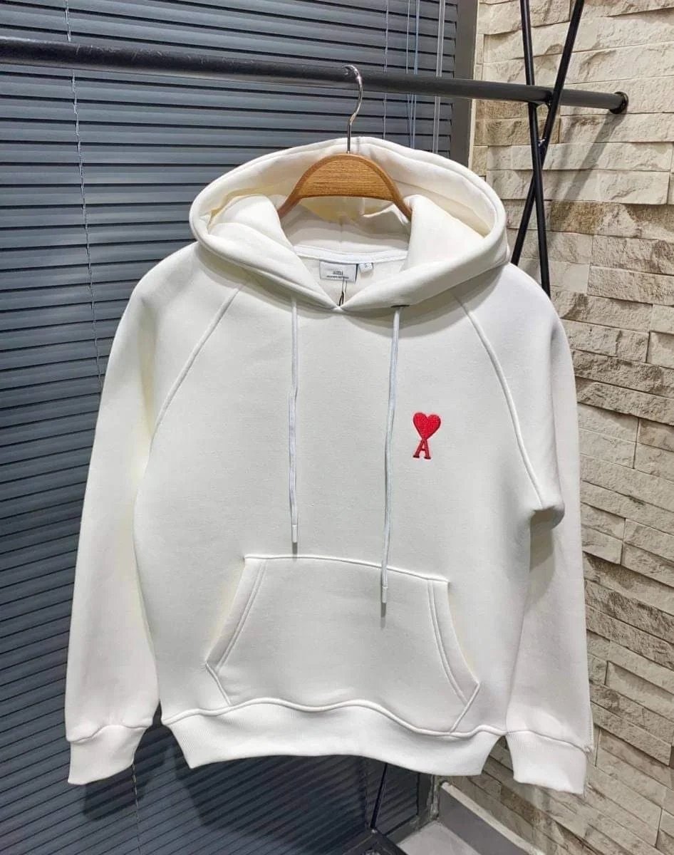 Kadın Beyaz Oversize Kapüşonlu Kalp Baskılı Pamuklu Sweatshirt