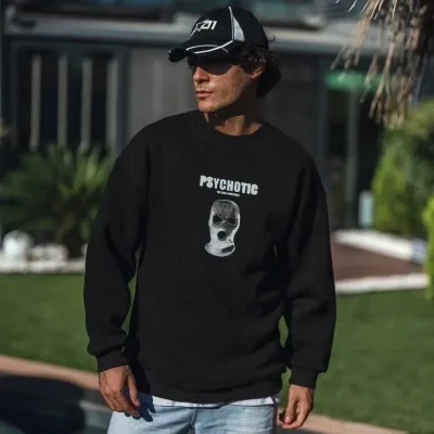 Sweatshirtê Reş ê Mêran ê Bi 3 Têlên Pembû, Stûyê Bisîkletê û Çapkirî 2