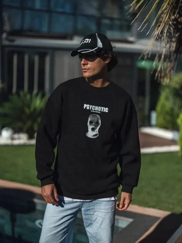 Sweatshirtê Reş ê Mêran ê Bi 3 Têlên Pembû, Stûyê Bisîkletê û Çapkirî 2