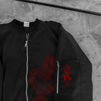 Men's Black Bomber Jacket Red Dragon Pattern Zippered Quilted 2