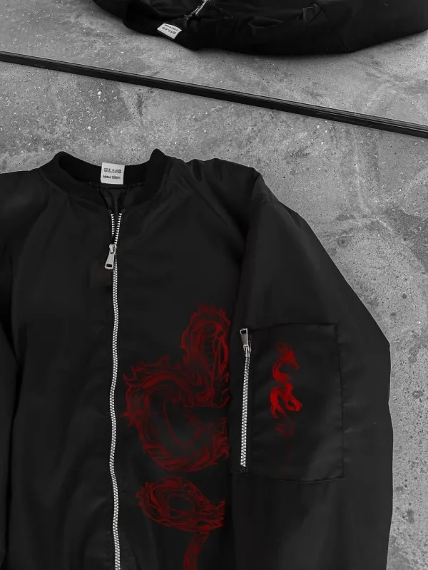 Men's Black Bomber Jacket Red Dragon Pattern Zippered Quilted 2