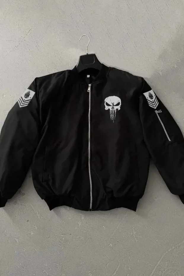 Muška crna vojni stil Punisher skull štampana bomber jakna 2