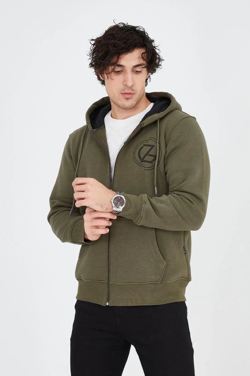 Men's Green 3-Thread Cotton Zippered Hooded Printed Hoodie 7