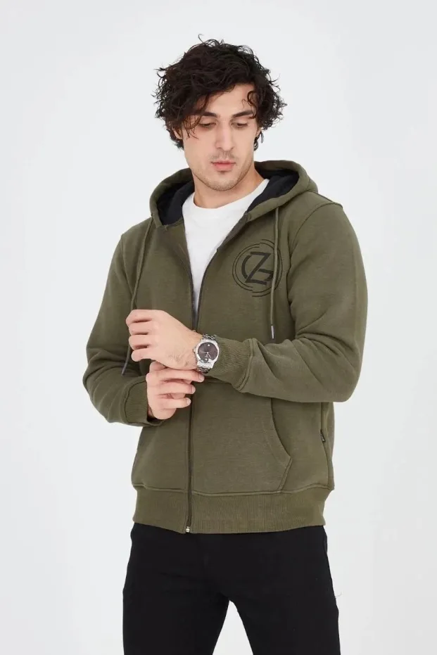 Erkek Yeşil 3 İplik Pamuklu Fermuarlı Kapüşonlu Baskılı Hoodie 7