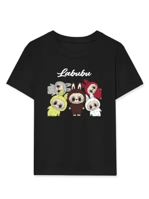 Момичешко черно оувърсайз тениска с принт Labubu