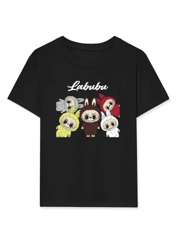 გოგონას შავი Labubu პრინტიანი Oversize ბავშვის მაისური 1