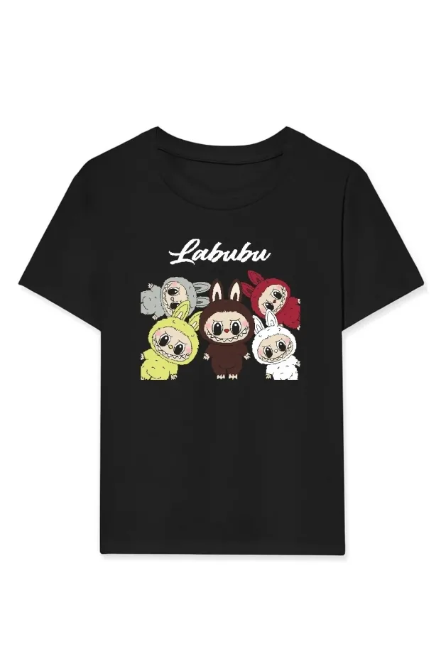 Dívčí černé oversize dětské tričko s potiskem Labubu 1