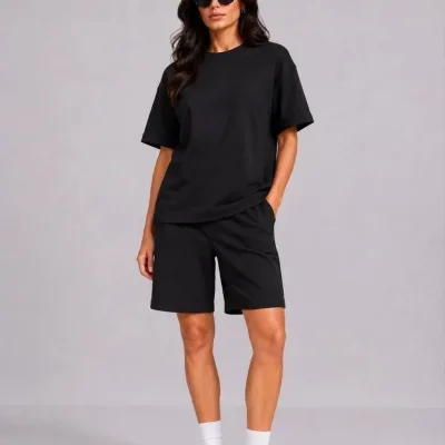 Qadın Qara Oversize Yumşaq Modal Toxumalı Cibli Şort Dəsti 3