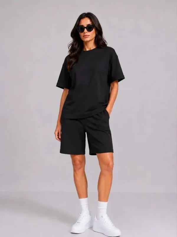 Qadın Qara Oversize Yumşaq Modal Toxumalı Cibli Şort Dəsti 3