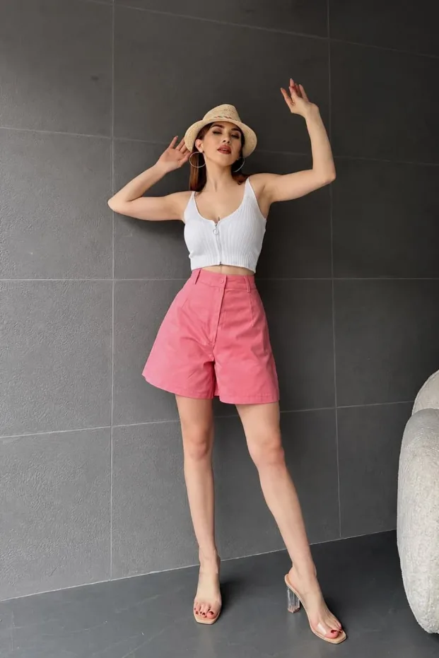 Geniş Paçalı Mom Şort Gül Qurusu 1