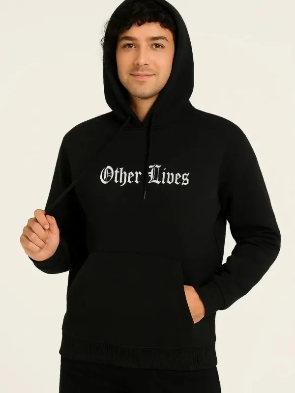 Bărbați Negru 3 Fire Bumbac Imprimat Glugă Cangur Buzunar Sweatshirt 3
