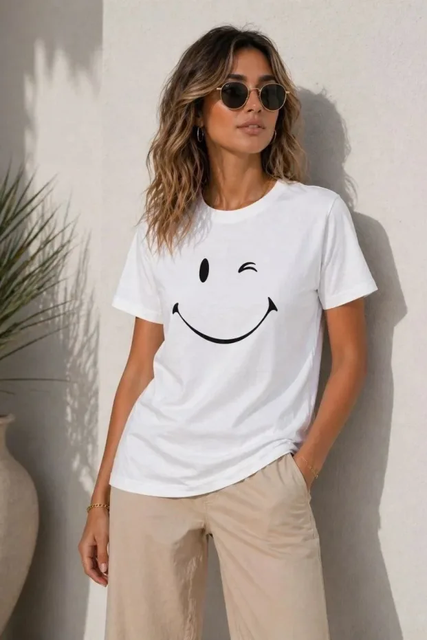 Γυναικείο Λευκό Oversize Χαμογελαστό Πρόσωπο Τυπωμένο Κοντό Μανίκι Μπλουζάκι 3