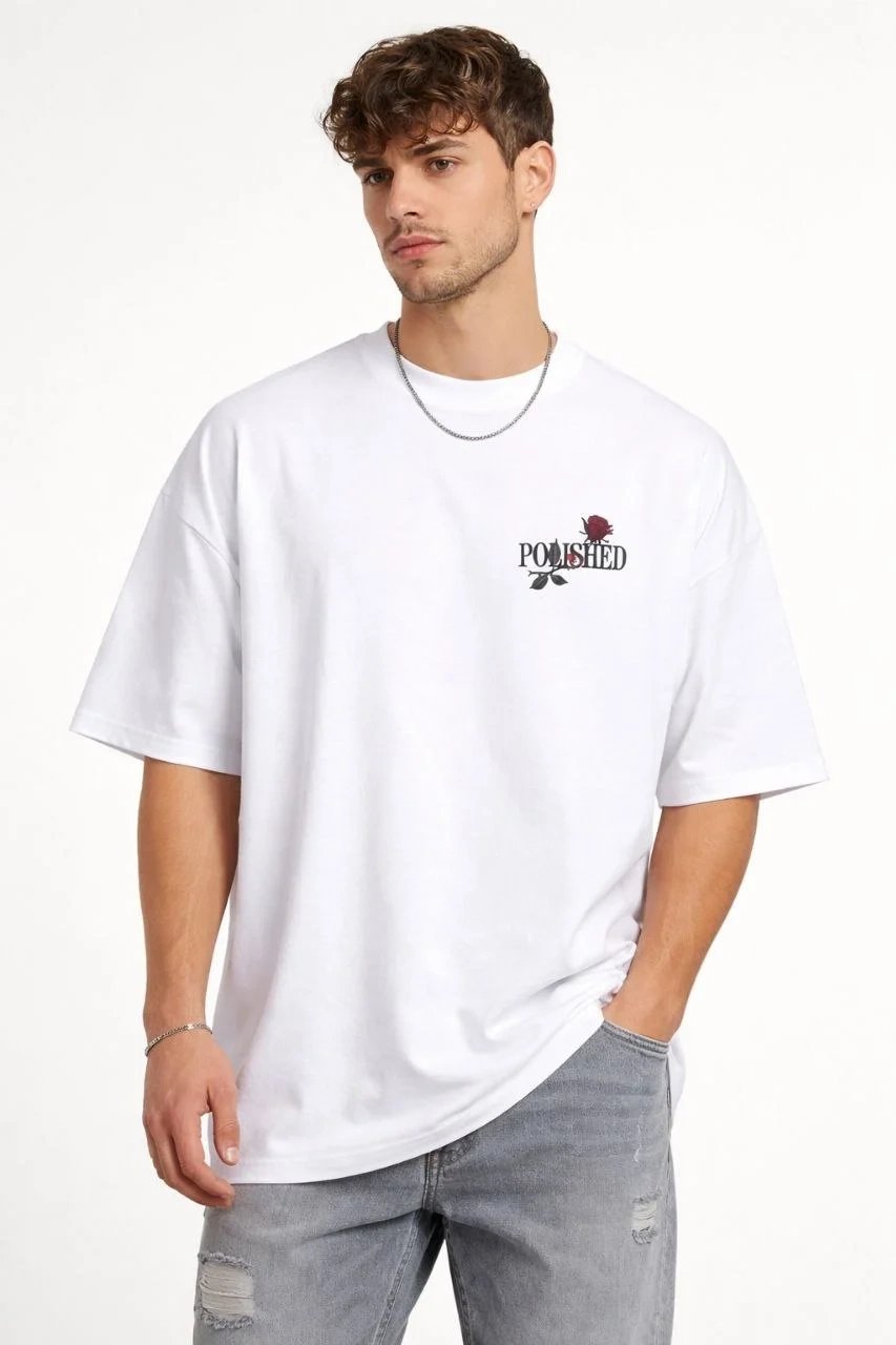 Машки бел oversize велосипед јака печат маица 2