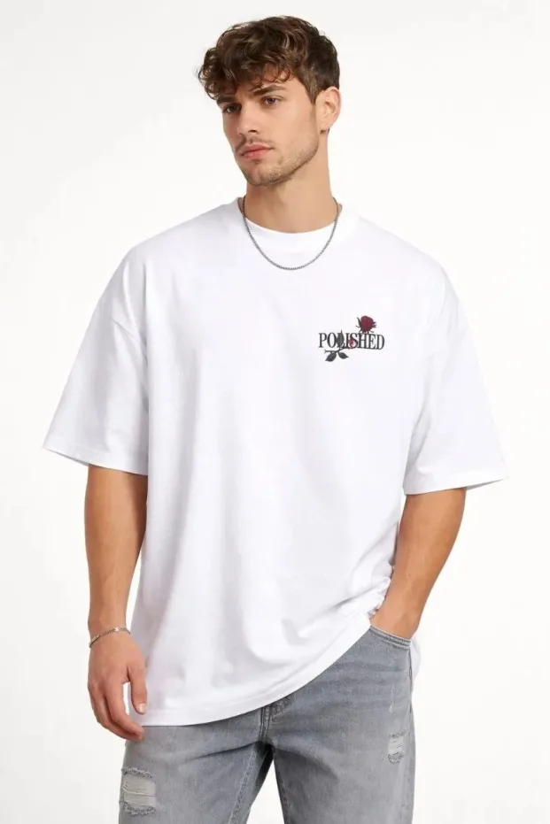 Машки бел oversize велосипед јака печат маица 2