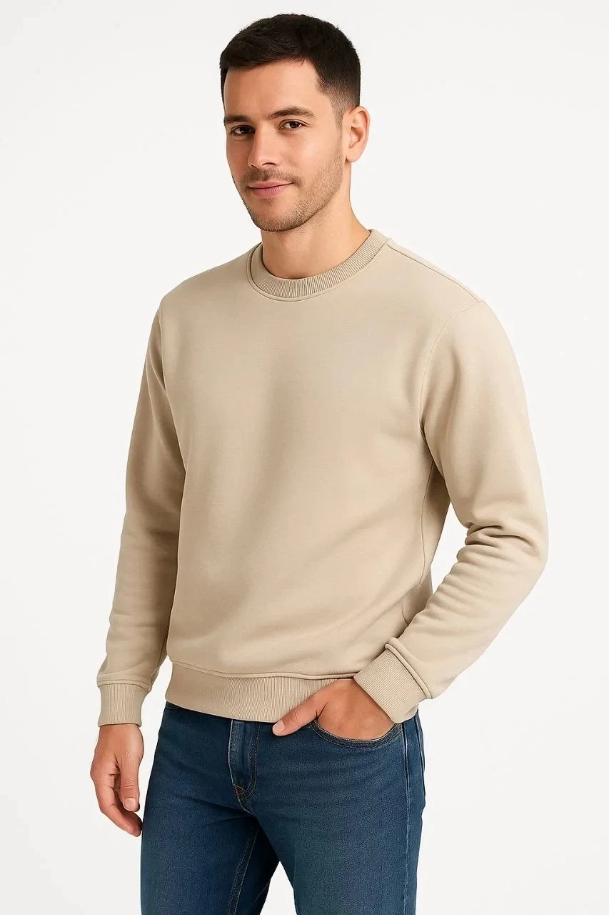Men's Beige 3-Thread Cotton Plain Crew Neck Sweatshirt