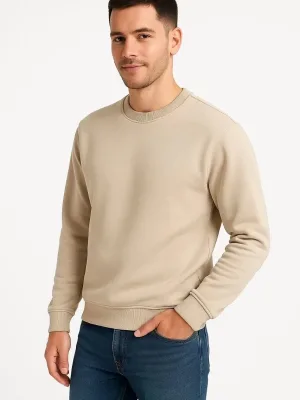 Men's Beige 3-Thread Cotton Plain Crew Neck Sweatshirt