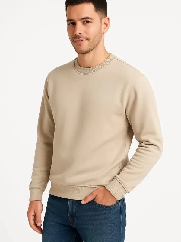Men's Beige 3-Thread Cotton Plain Crew Neck Sweatshirt 1
