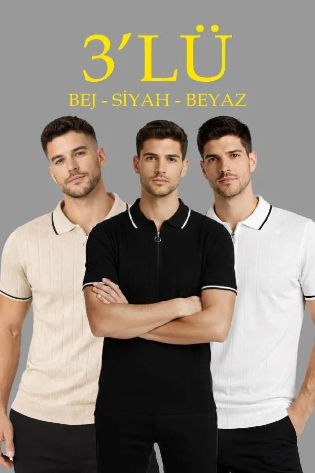 Bărbați Set 3 bucăți Bej-Alb-Negru Tricou Polo cu Fermoar Guler Tricou 1