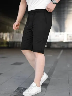 Men's Black Double Hem Pockets Elastic Drawstring Shorts