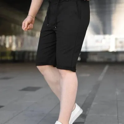 Men's Black Double Hem Pockets Elastic Drawstring Shorts 1