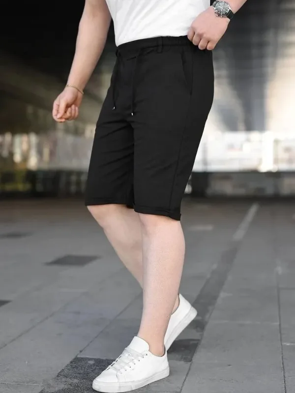 Men's Black Double Hem Pockets Elastic Drawstring Shorts 1