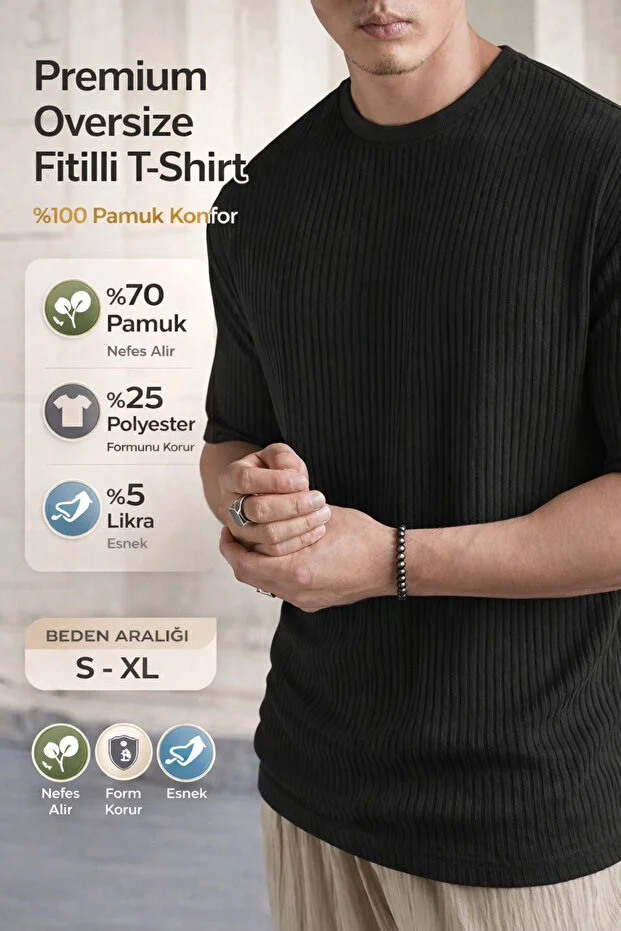 Siyah Oversize Fitilli %100 Pamuk Comfort Bol Kesim Bisiklet Yaka Premium Kalite Erkek T-Shirt