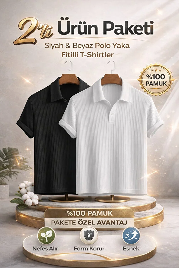 Siyah Beyaz 2'li Paket Erkek Polo Yaka Oversize Fitilli %100 Pamuk