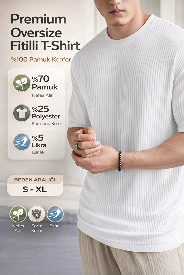 Beyaz Oversize Fitilli %100 Pamuk Comfort Bol Kesim Bisiklet Yaka Premium Kalite Erkek T-Shirt