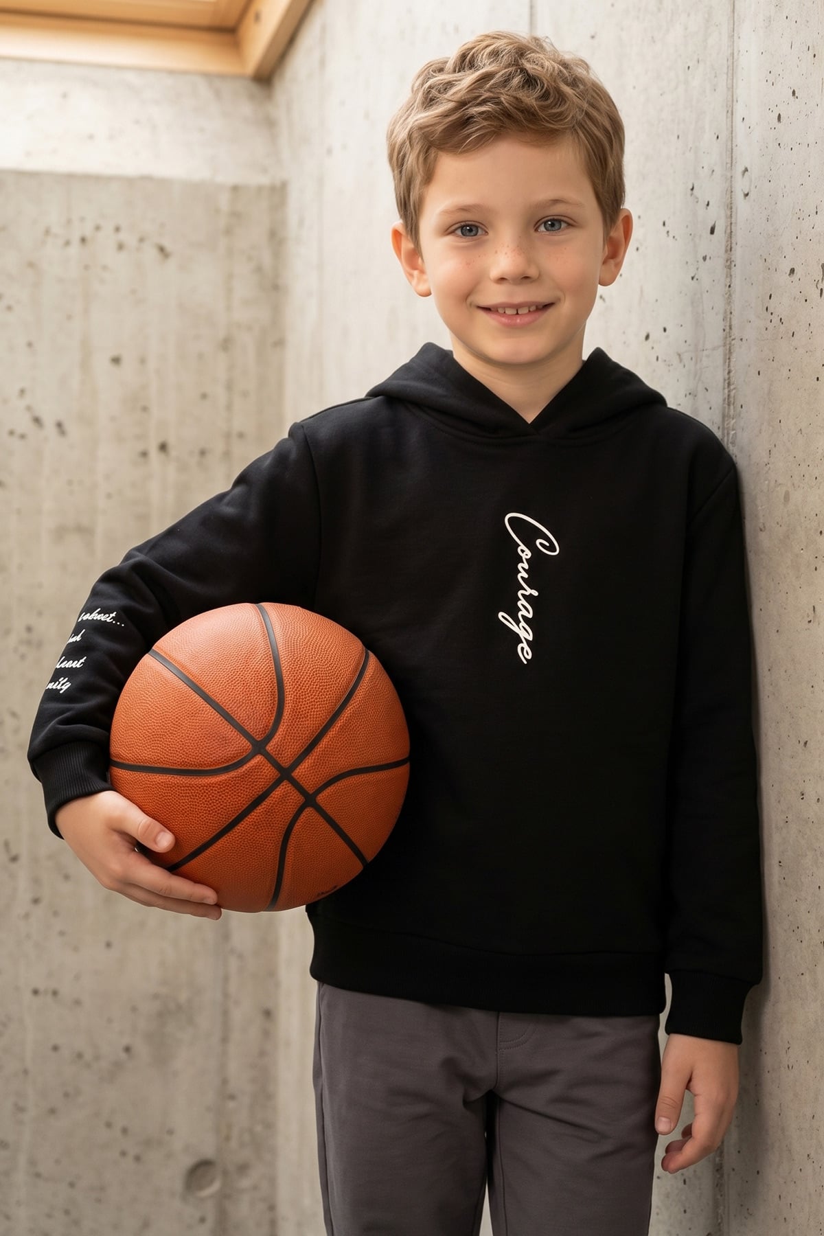 Çocuk Unisex Siyah 3 İplik Yazı Baskılı Kapüşonlu Sweatshirt