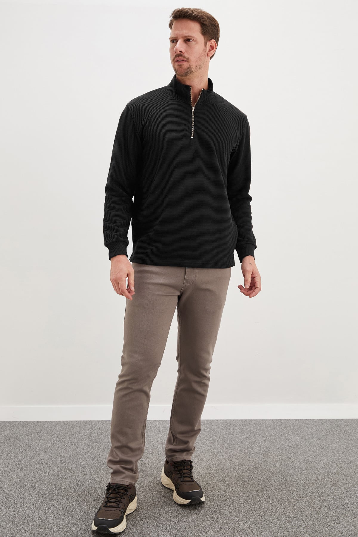 Erkek Antrasit Fitilli Yarım Fermuarlı Dik Yaka Sweatshirt 6
