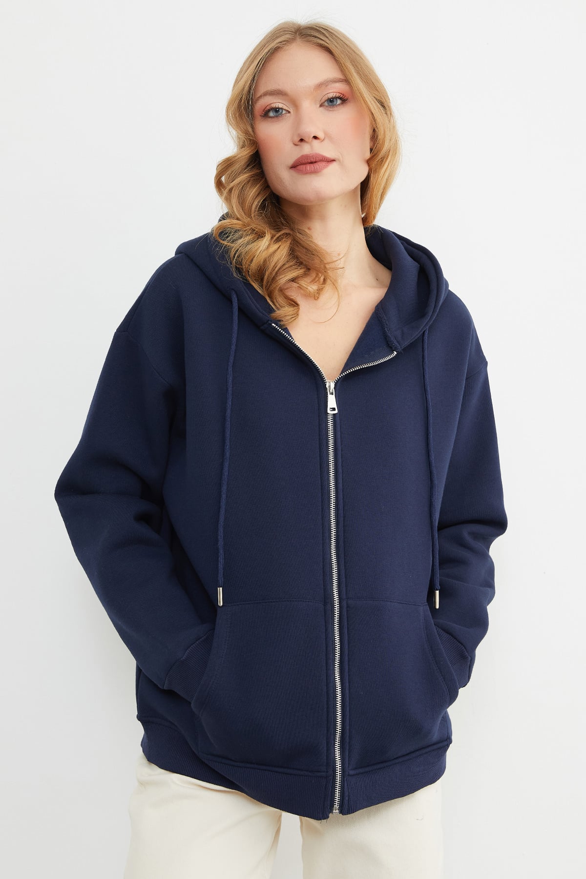 Basic Fermuarlı Kapüşonlu Oversize Sweatshirt 6