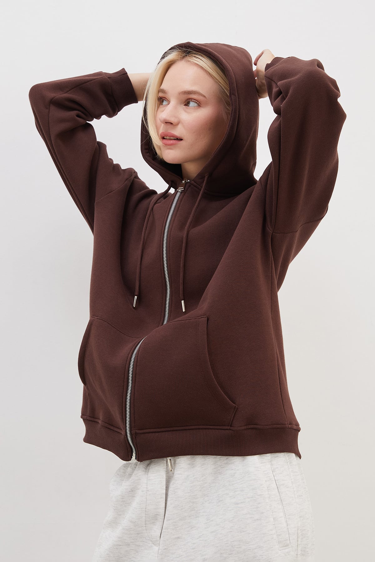 3 İplik Basic Fermuarlı Kapüşonlu Oversize Sweatshirt 3